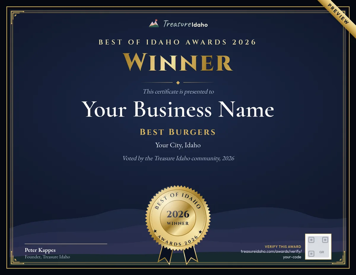 Preview of the dark Best of Idaho certificate, with "Your Business Name" in place of a winner