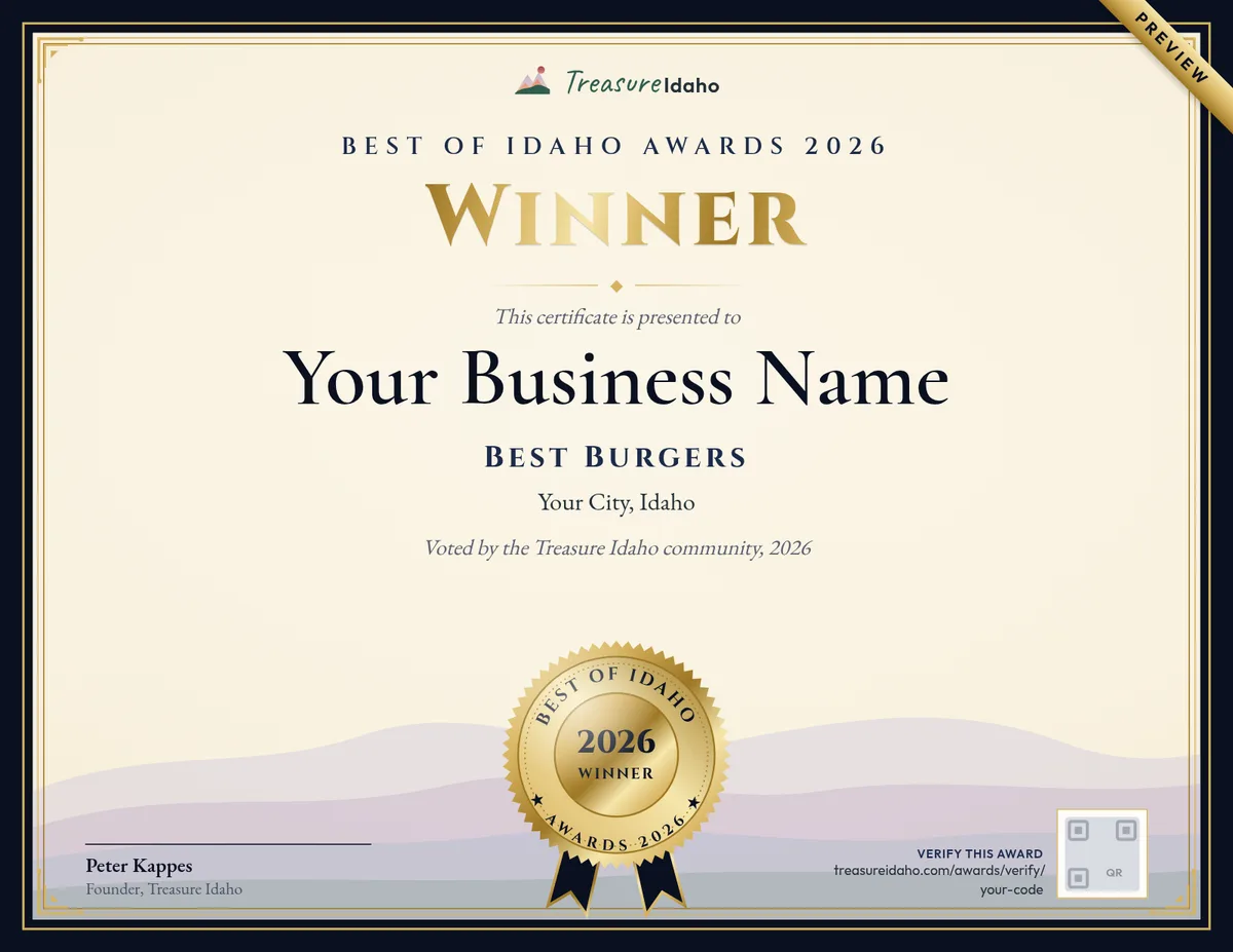 Preview of the light Best of Idaho certificate, with "Your Business Name" in place of a winner