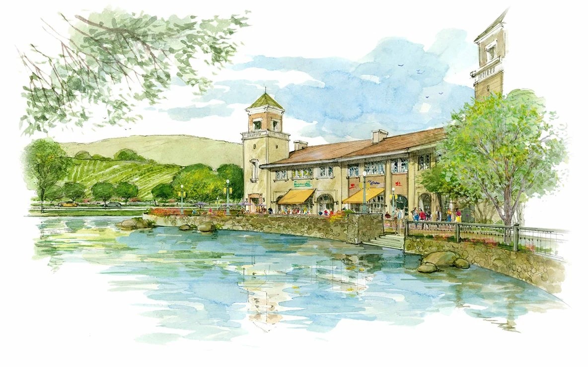 Drawing of a lakeside village building at Valnova
