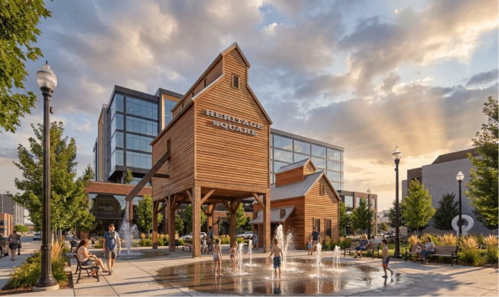 Aerial rendering of Heritage Square mixed-use in downtown Meridian, Idaho