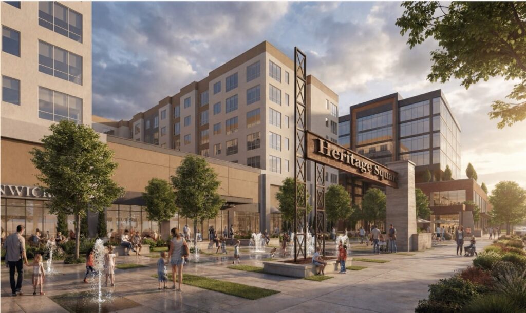 Rendering of Heritage Square apartments and plaza in downtown Meridian, Idaho — meridian idaho heritage — mixed — restarts