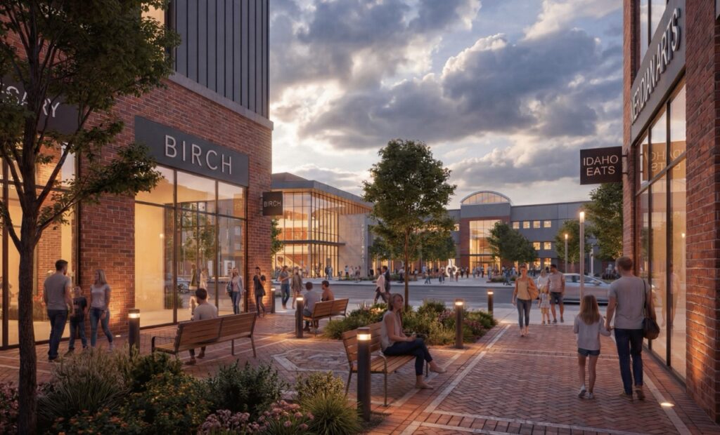 Rendering of Heritage Square plaza and landmark water feature in Meridian, Idaho