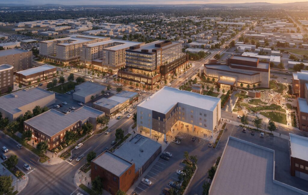 Rendering of Heritage Square retail streetscape near Meridian City Hall