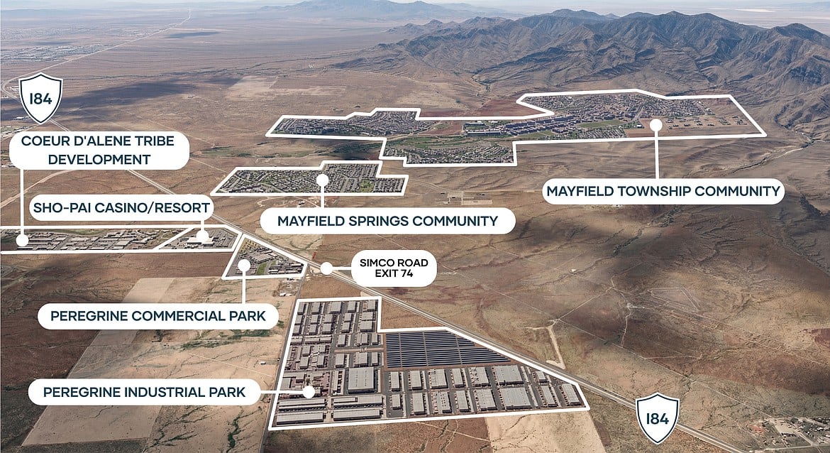Peregrine Elmore County labeled corridor aerial showing I-84, industrial park and Mayfield