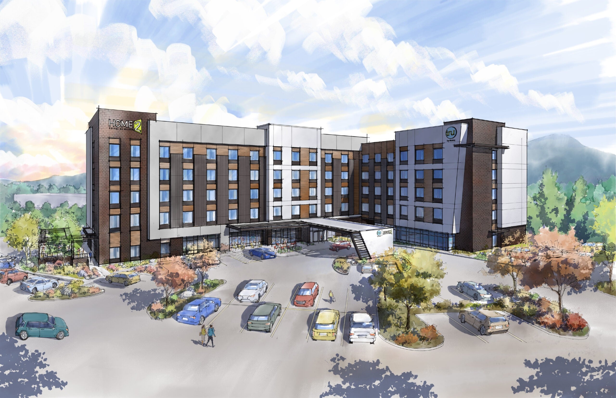 Hilton Home2 Tru dual-brand hotel main entry in Coeur d’Alene, Idaho
